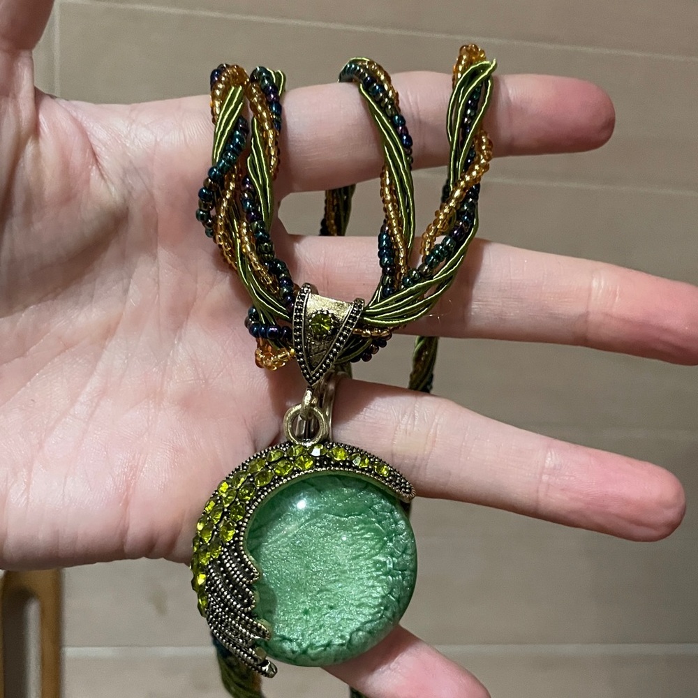 Green Boho Circle Beaded Pendant
